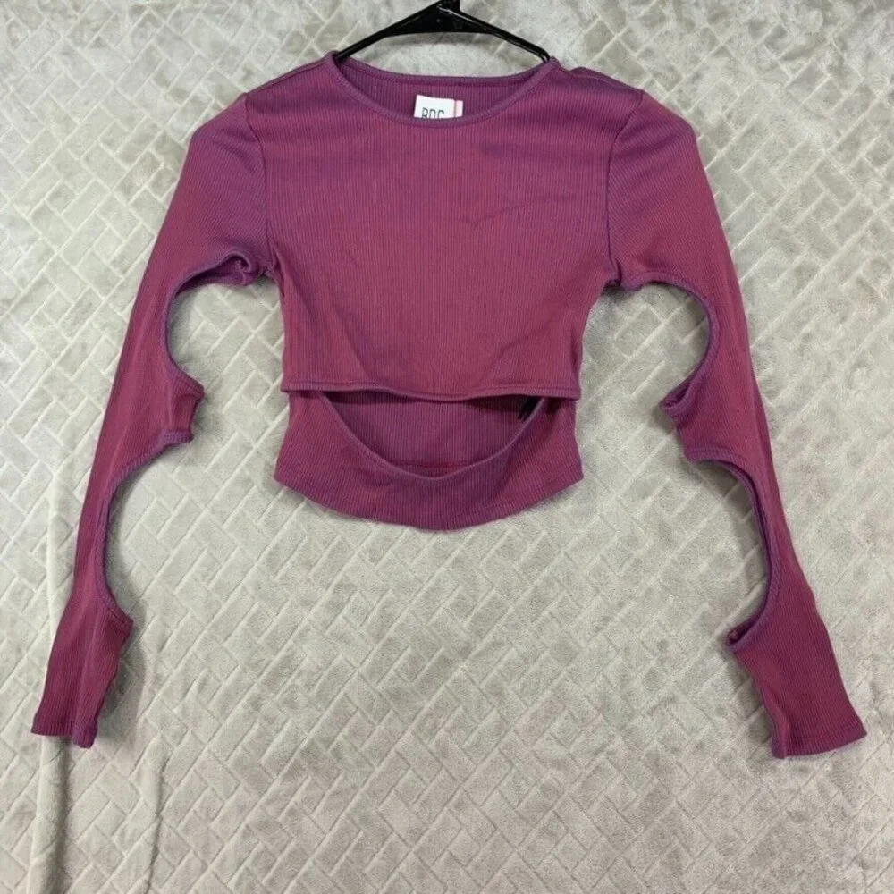 BDG Womans Small Crop Top Purple Long Sleeve Keyhole Open Barbie Clubbing Rave